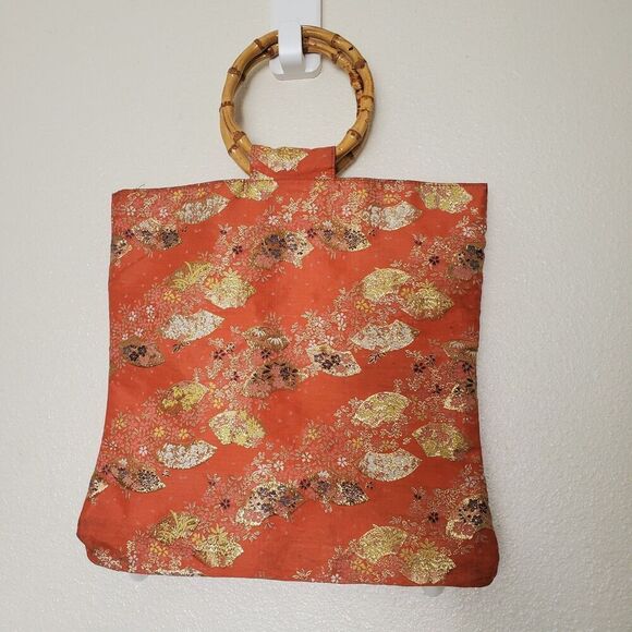 Unbranded Handbags - Vintage Orange Brocade Bamboo Handle Bag Gold Metallic Fan Floral Tote Handbag
